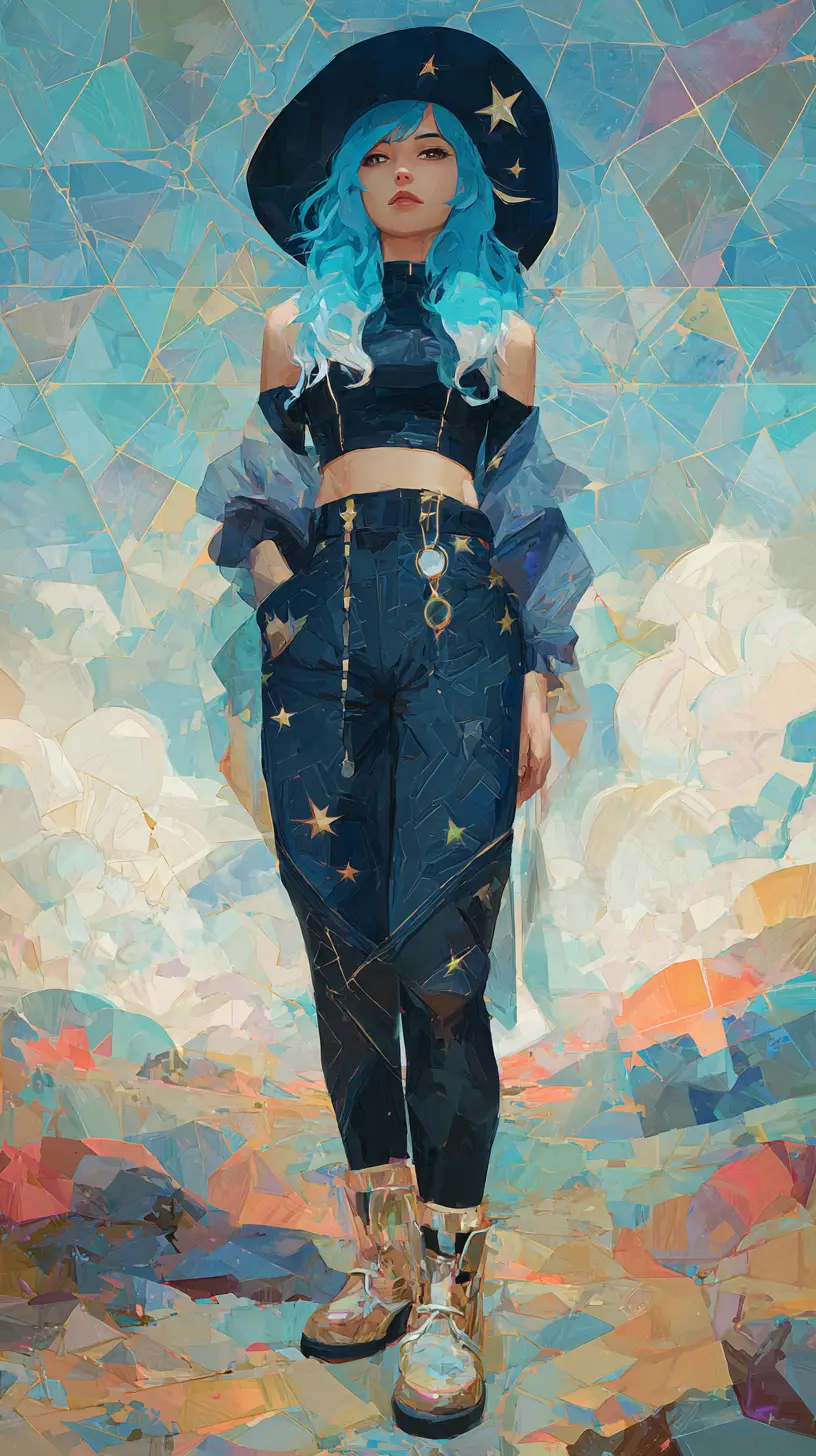 Mystical witch in celestial streetwear amid dreamy stars