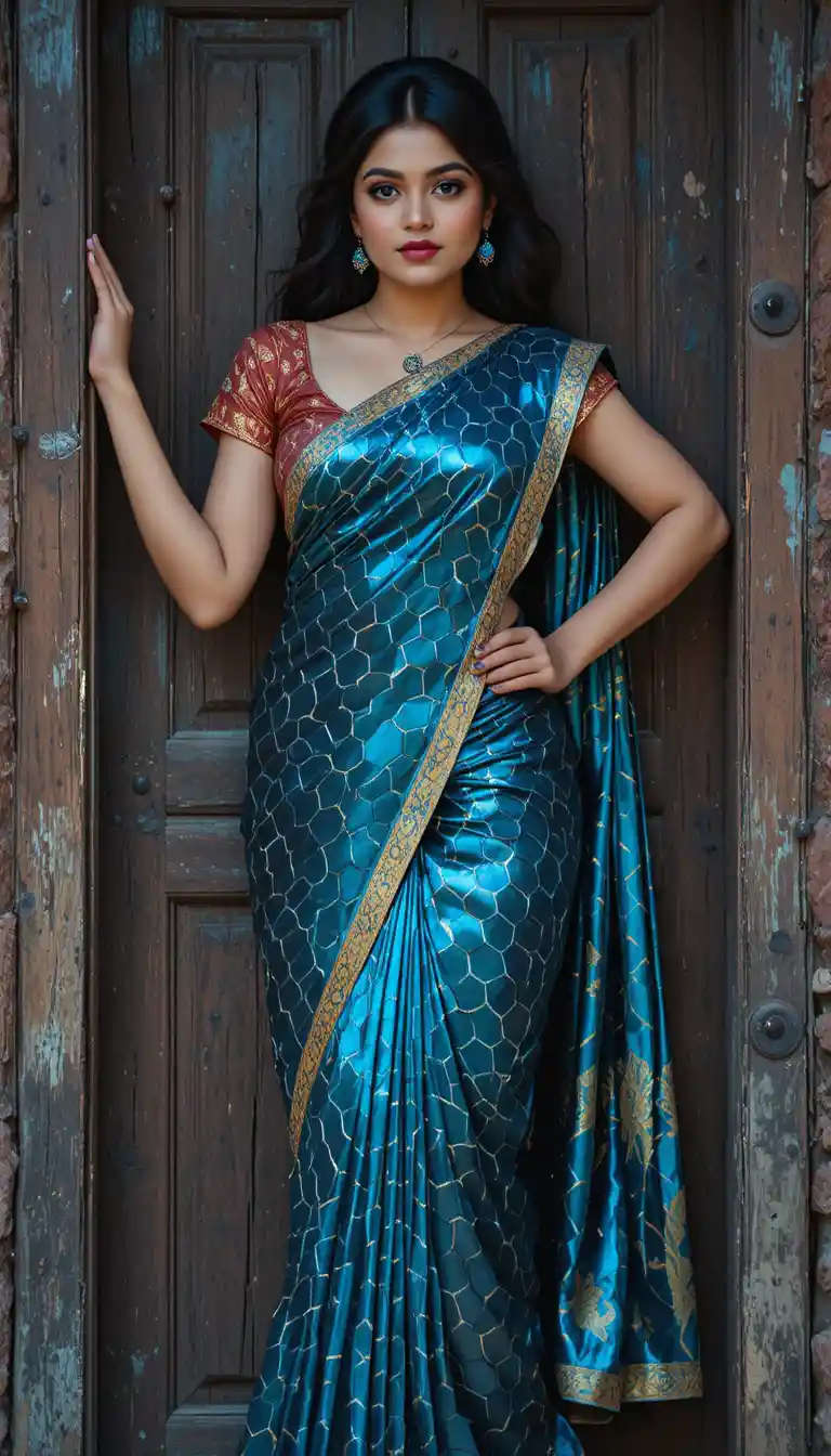 Tamil woman in glossy mirror saree full body pose