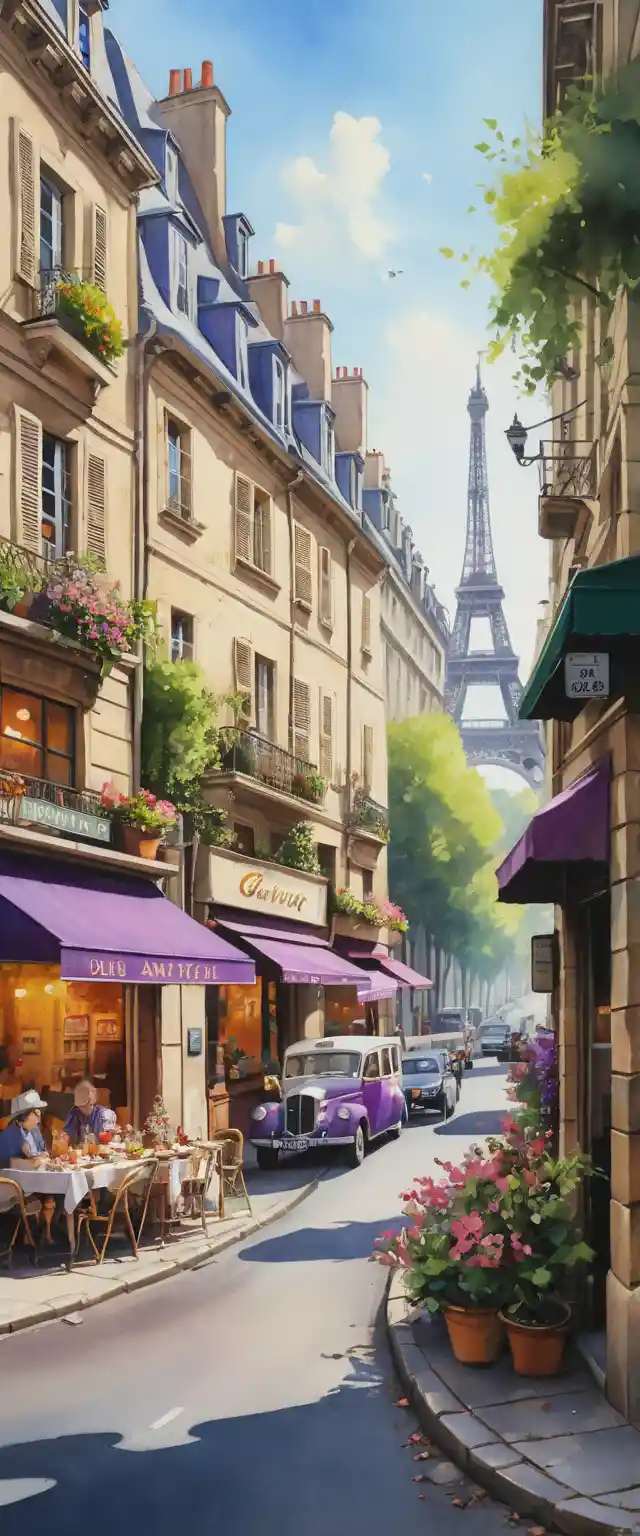 Vibrant oil painting of a lively parisian city street