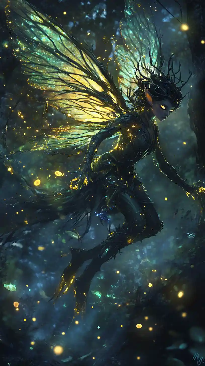 Fairy scout leaping through a moonlit mystical forest