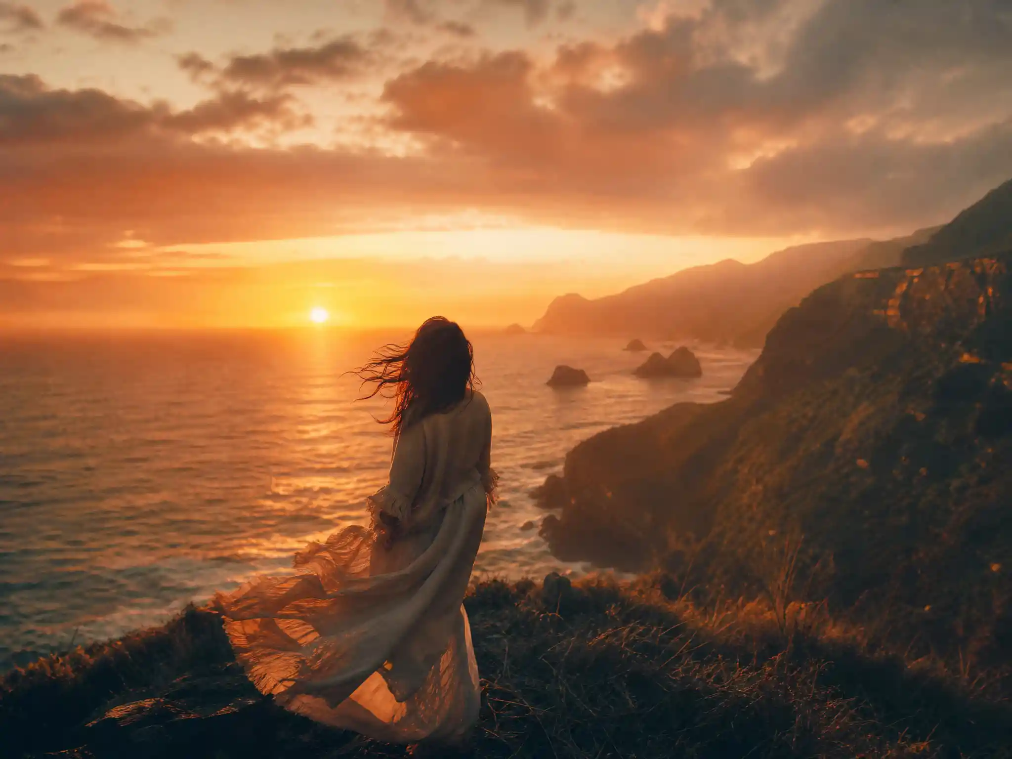 Woman on seaside cliff at sunset with windblown silhouette