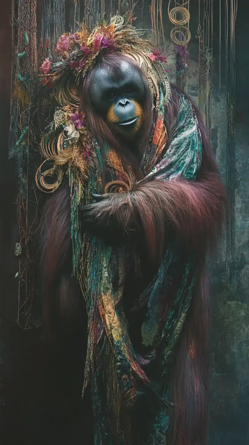 Mystical figure with orangutan companion in geometric patterns