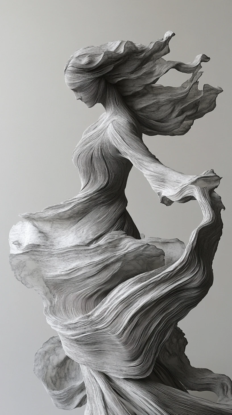 Abstract grayscale form unraveling into flowing elongated shapes