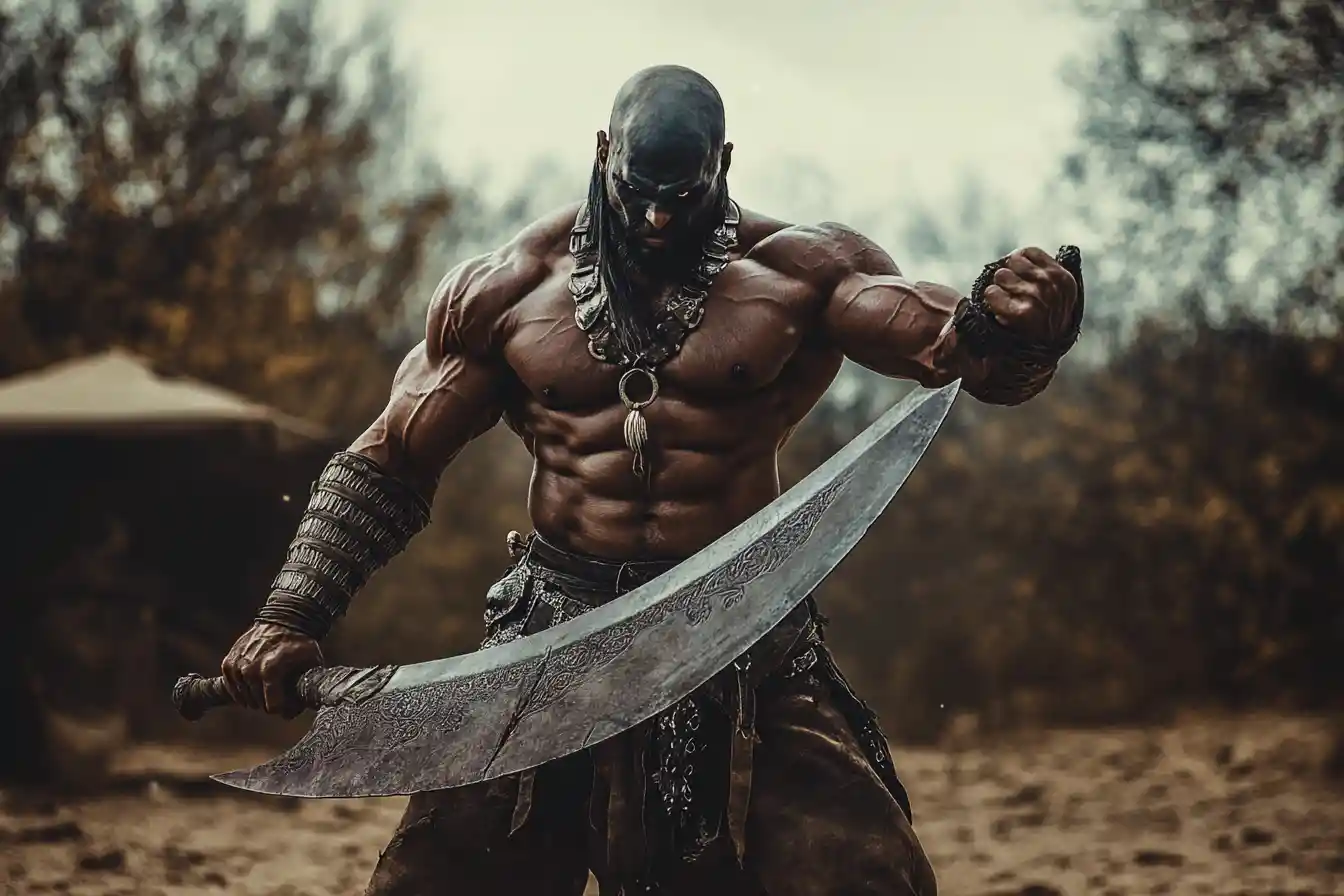 Muscular warrior with scimitar in dynamic battlefield stance