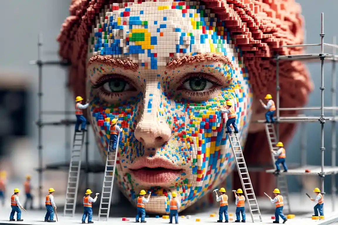 Close up mosaic portrait of a woman built from tiny cubes