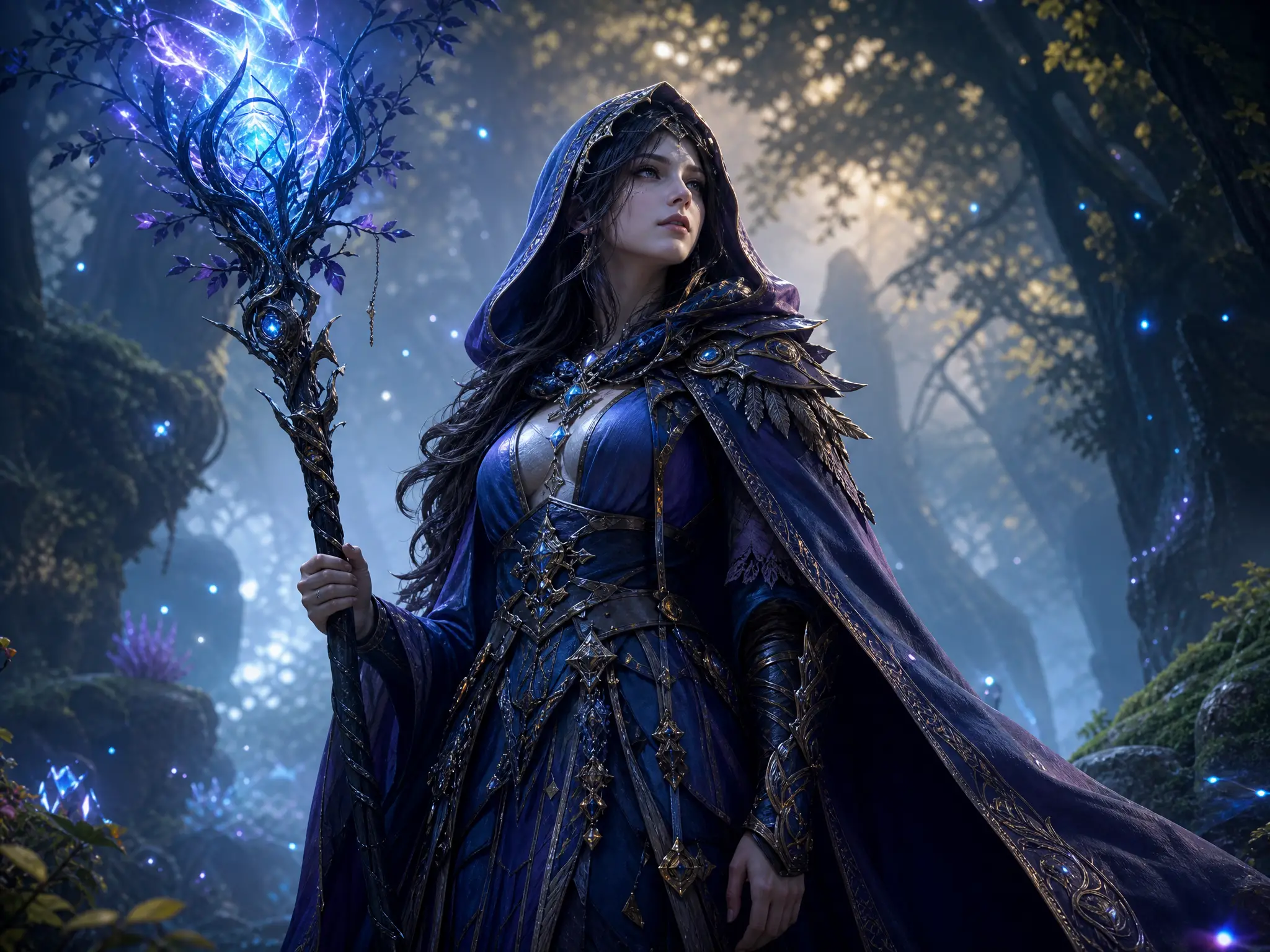 Fantasymagier mit leuchtendem Stab im mystischen Wald