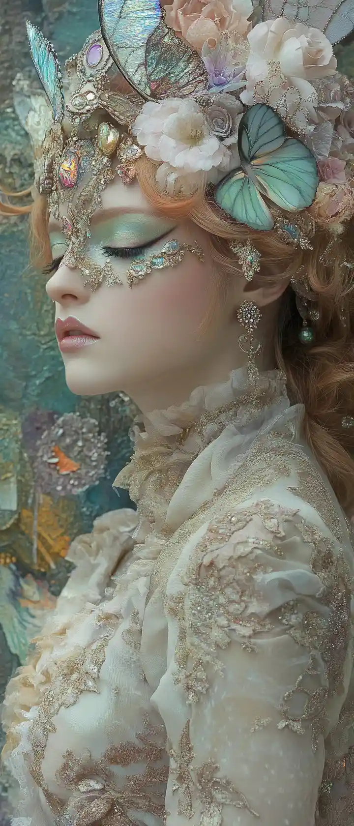 Baroque fashion woman in pastel metallic gown on abstract stage
