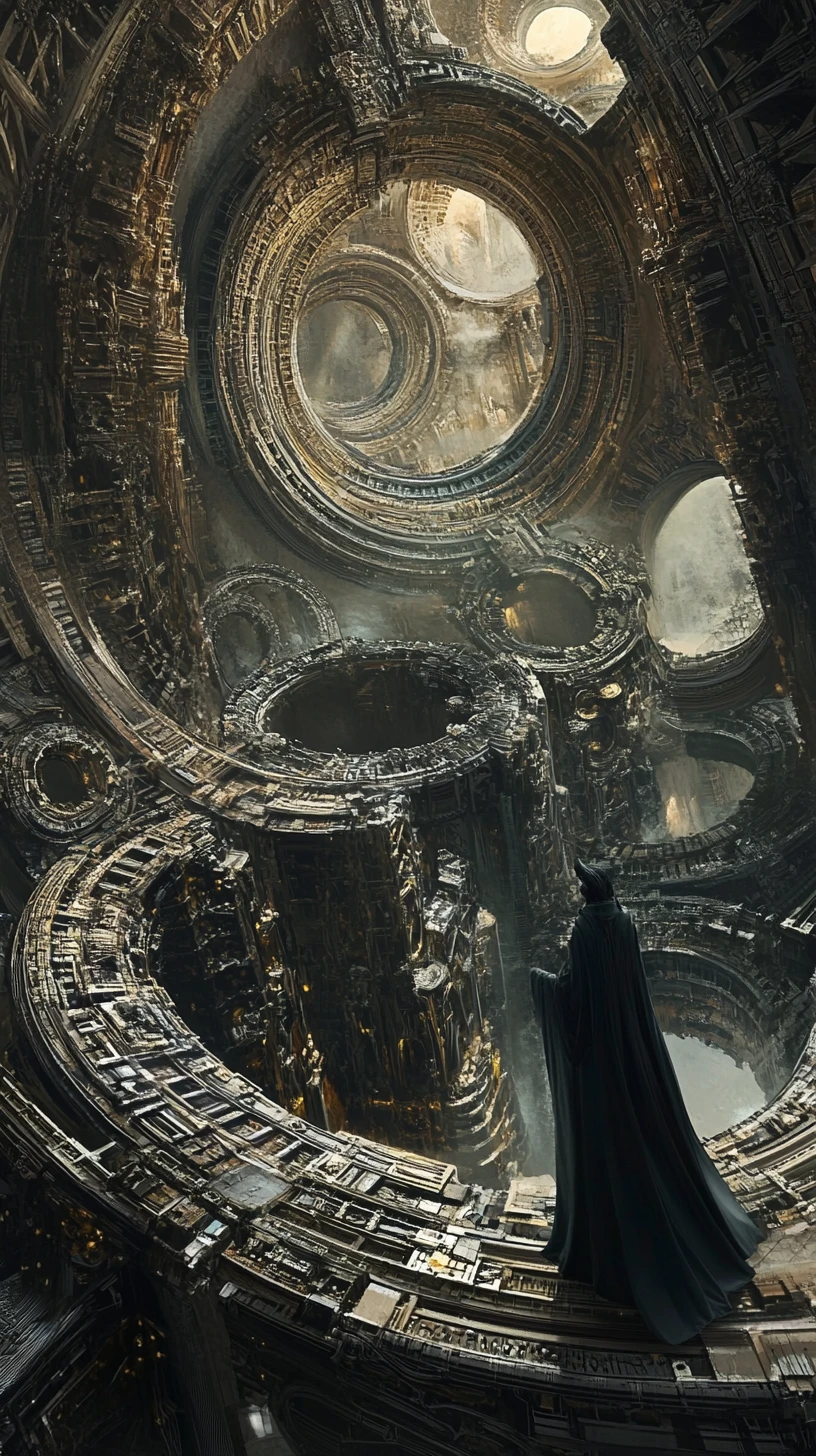Mystical guardian amid swirling ancient relics and chains