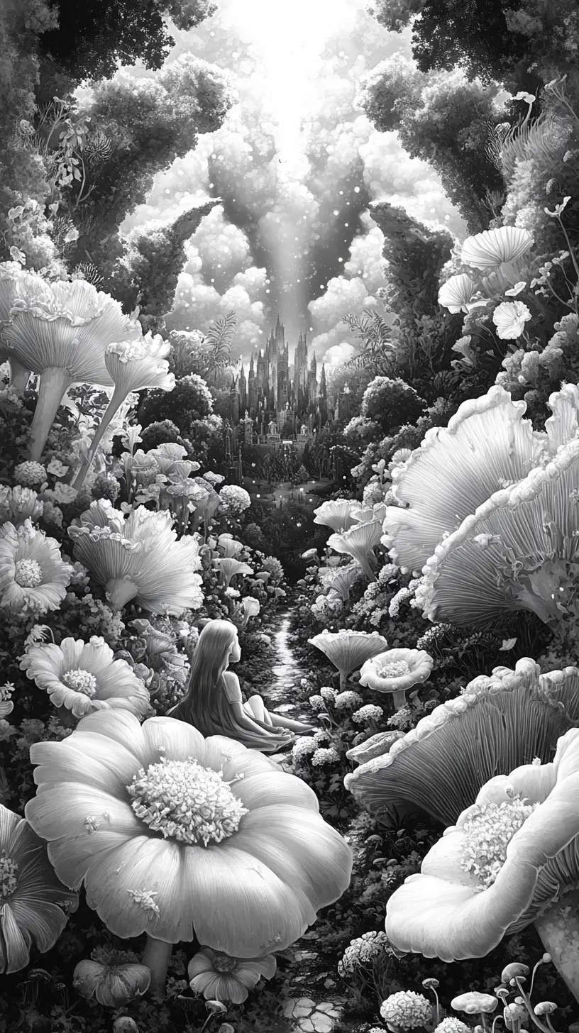 對稱奇幻草地中休憩的少女與生物