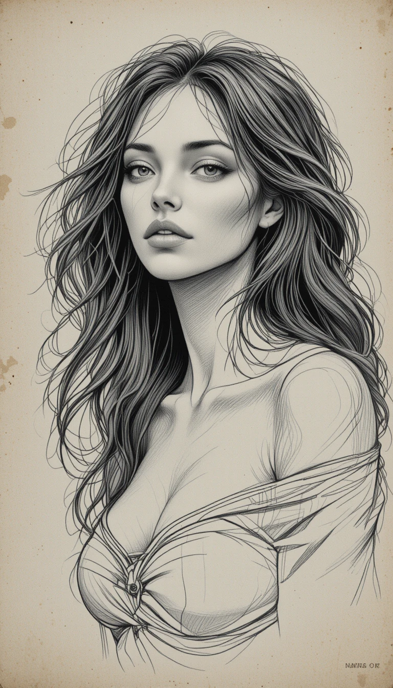 Detailed pencil portrait of a serious woman on textured paper