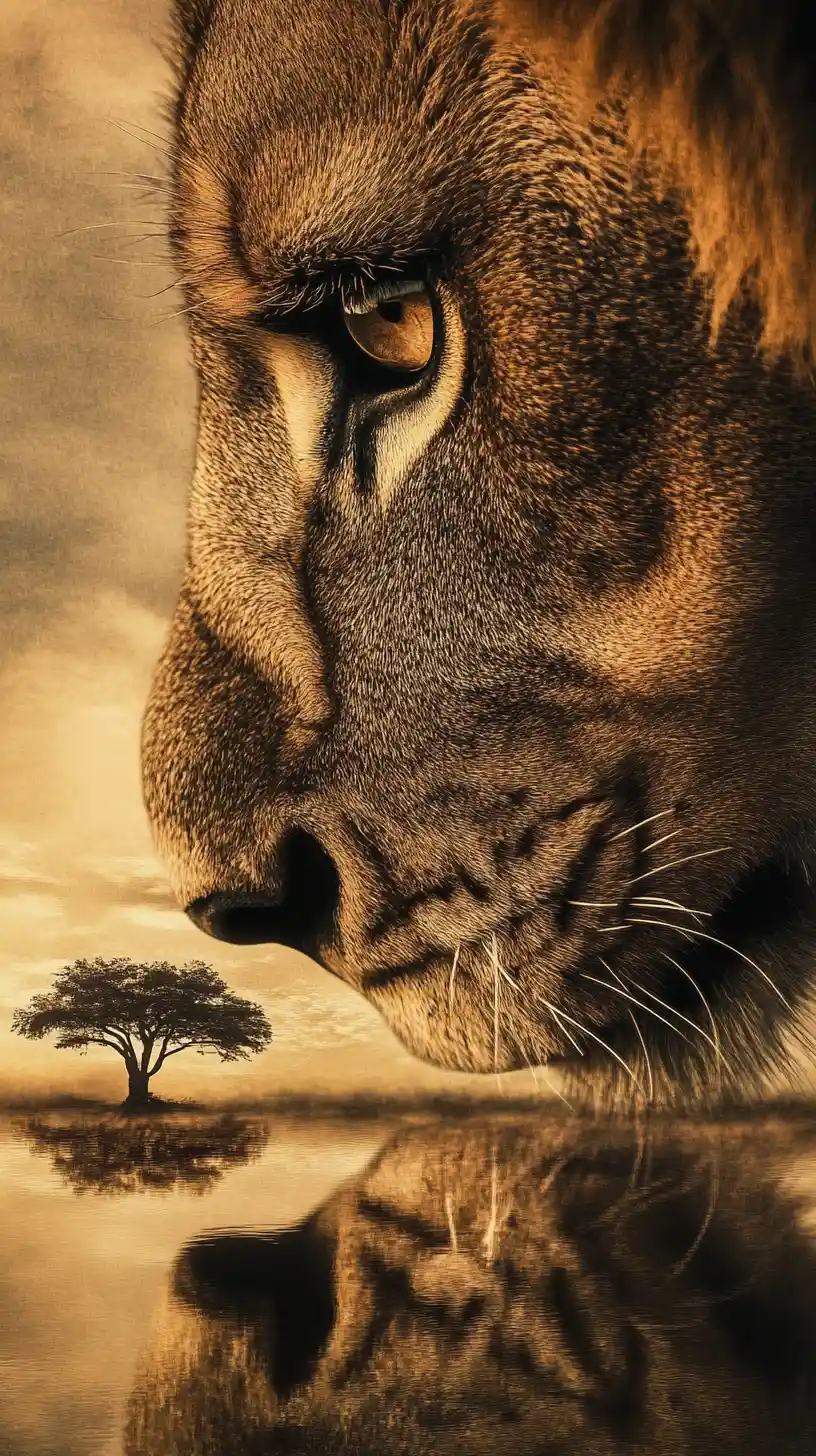 Lion in shadow with landscape reflected in its eye