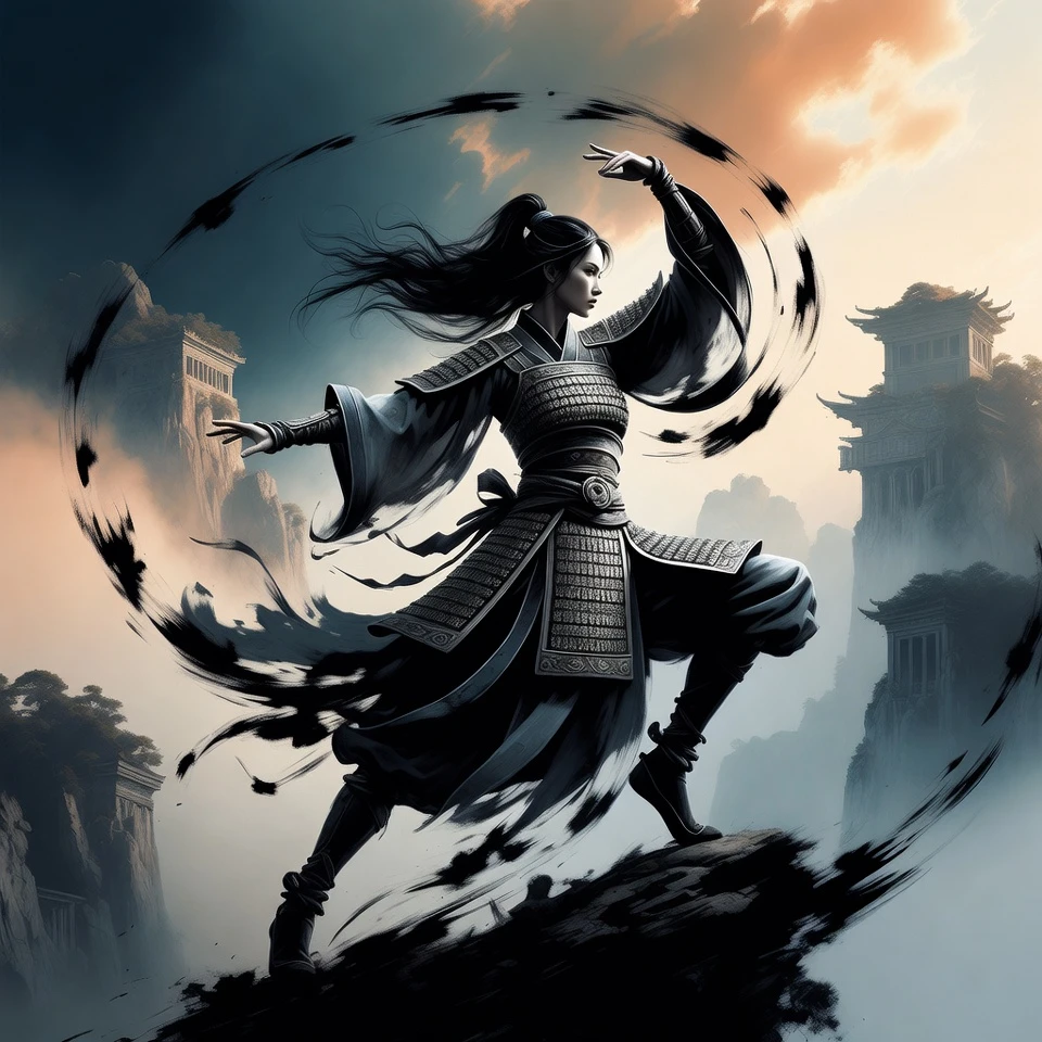 Warrior woman dancing martial arts on a misty mountaintop