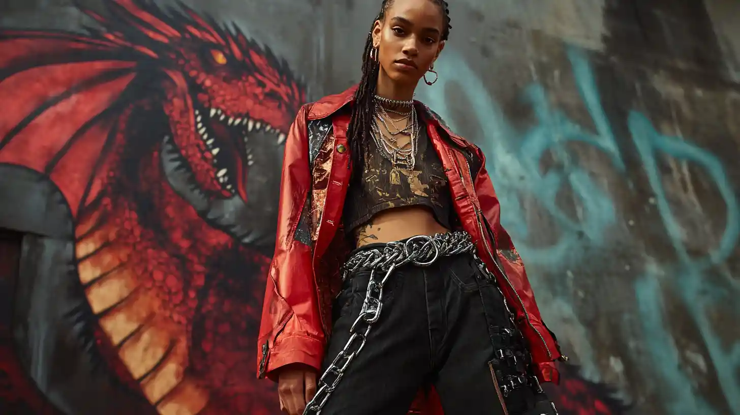 Urban streetwear figure with dragon and layered graphic details