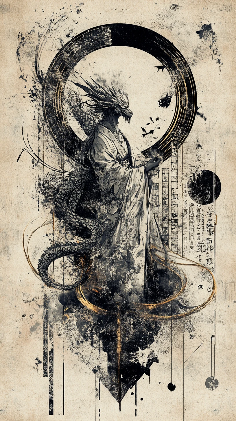 Refined figure framed by floating scrolls and arcane dragon