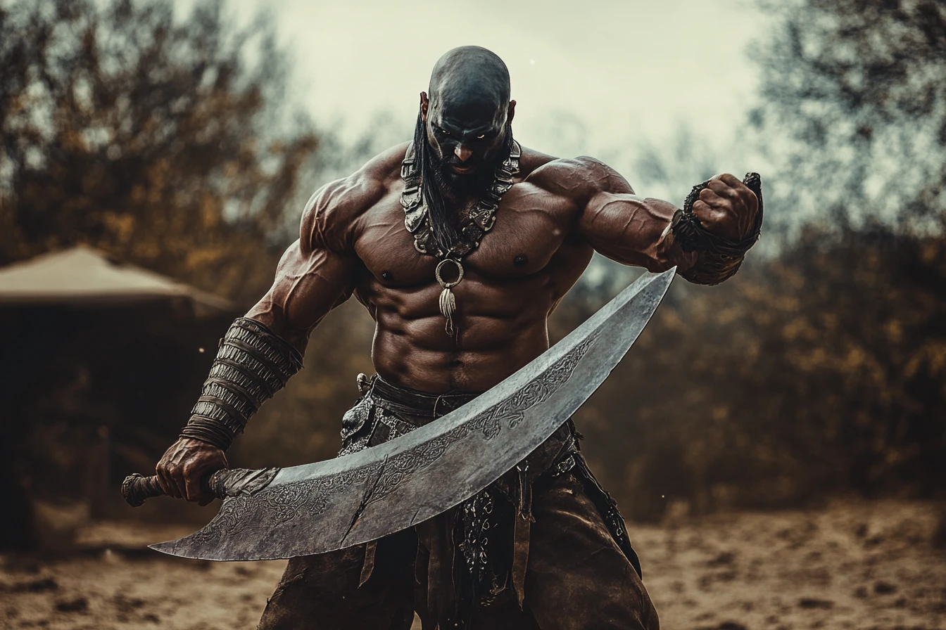 Muscular warrior with scimitar in dynamic battlefield stance