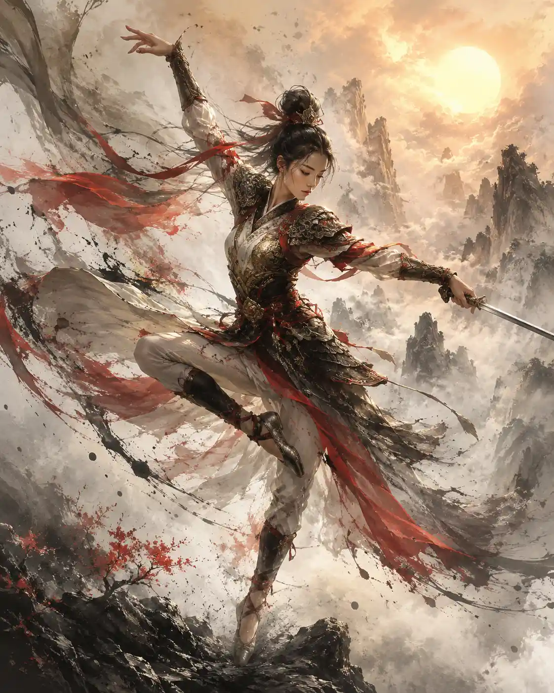 Warrior woman dancing in misty mountains at sunrise