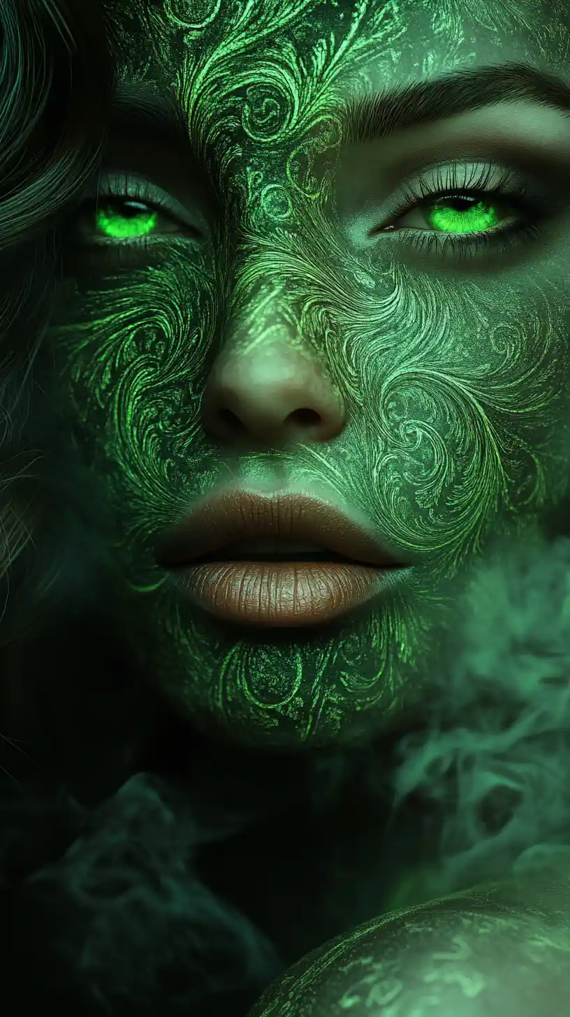 Woman with jade lips in a cosmic ink patterned portrait