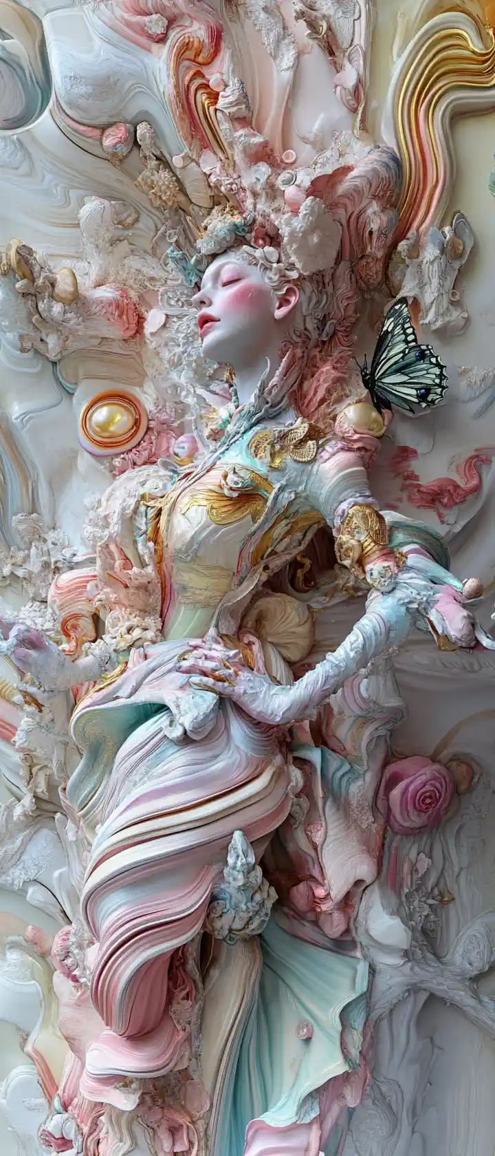 Baroque gown dancer in bright pastel metallic fantasy scene