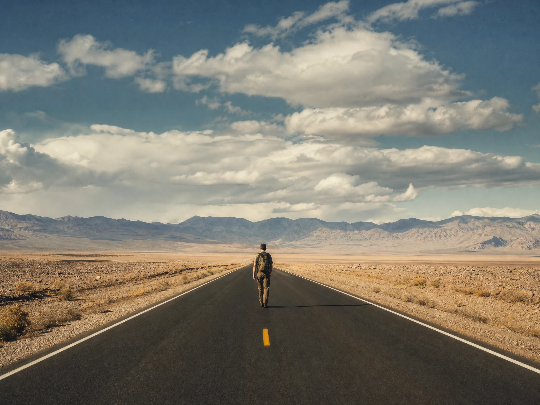 Lone figure walking along a desert highway under moody sky