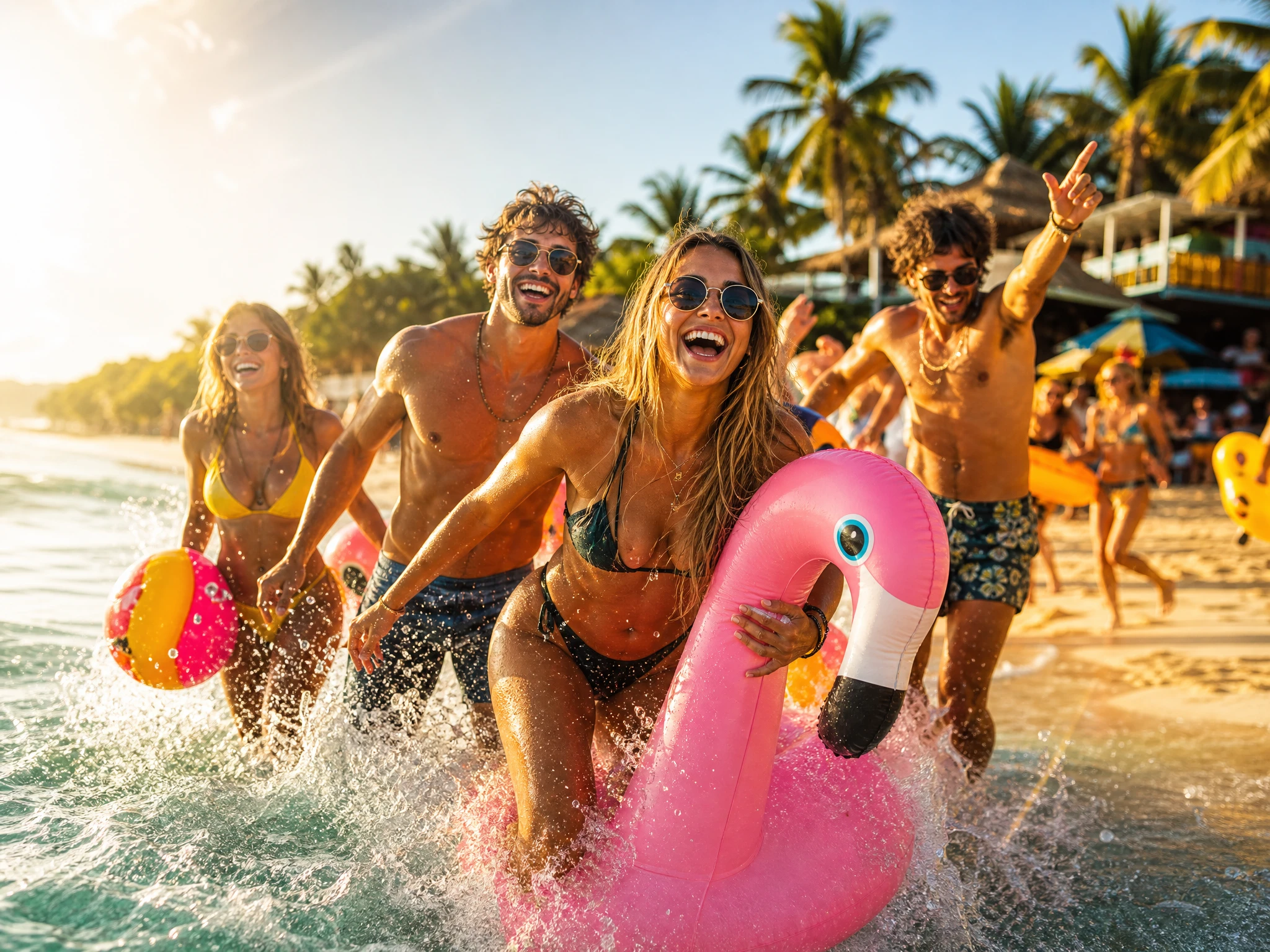 Junge Erwachsene feiern an einem sonnigen Tropenstrand