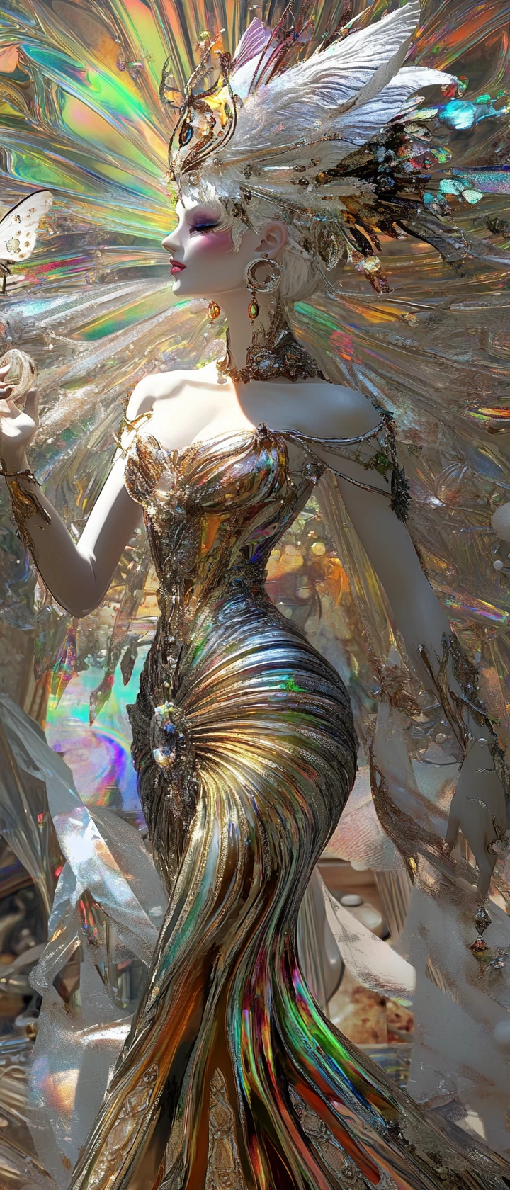 Femme de fantaisie baroque dansant en robe métallique pastel
