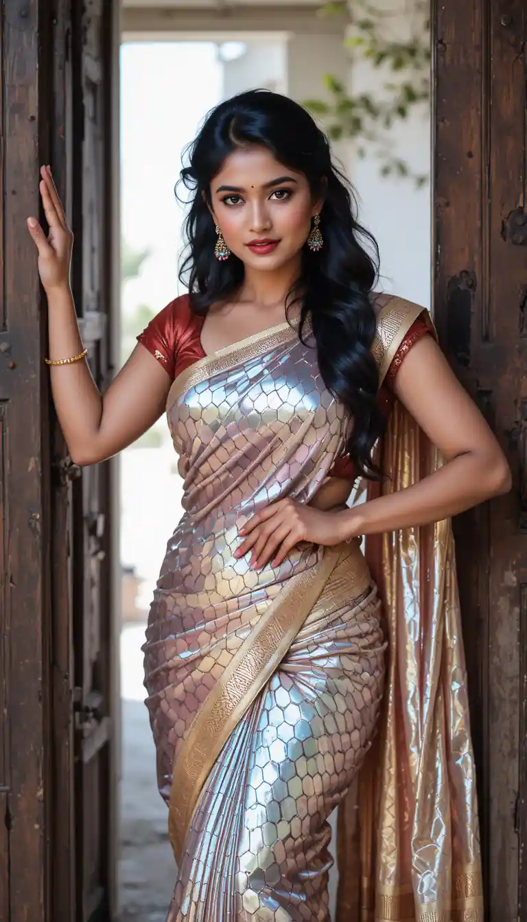 Tamil woman in glossy saree leaning by wooden doorway