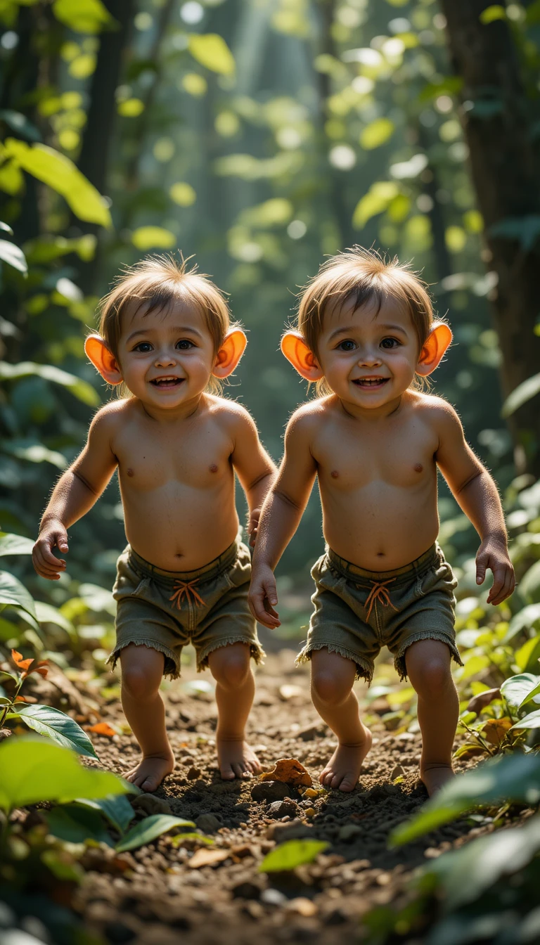 Two young monkeys playing together in jungle sunlight