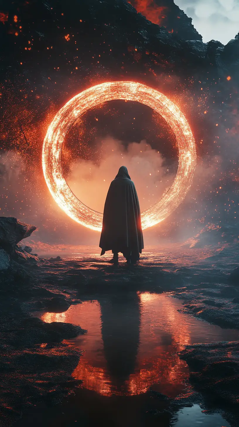 Cloaked figure at a glowing fractured clockwork threshold