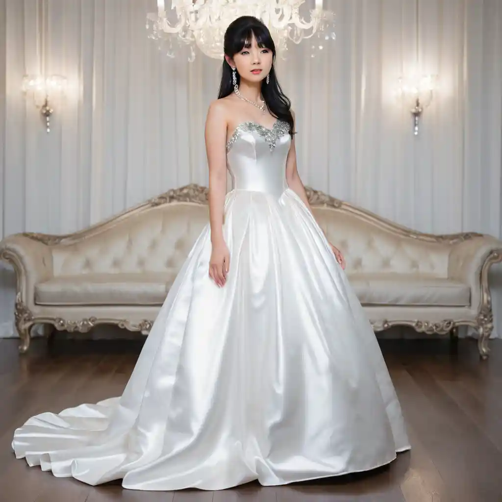 Elegant Japanese woman in white satin strapless ballgown