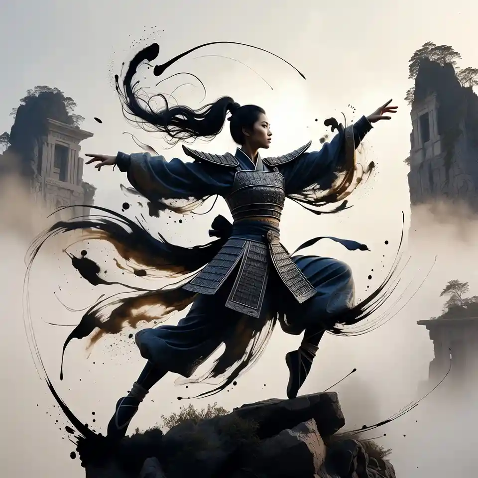 Ballet like warrior woman on a misty mountain peak