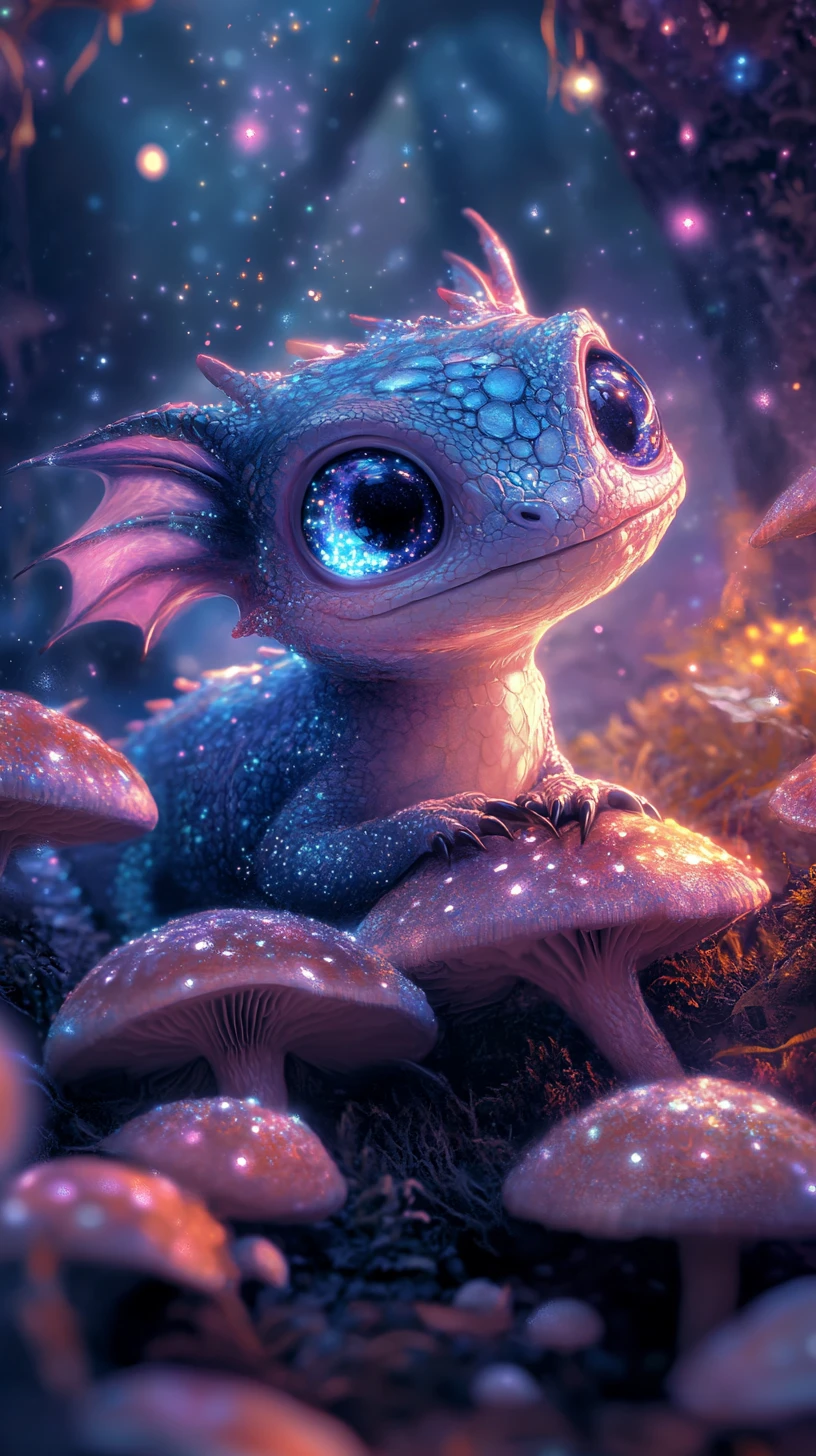 Tiny dragon nestled among glowing mushrooms in starlit forest