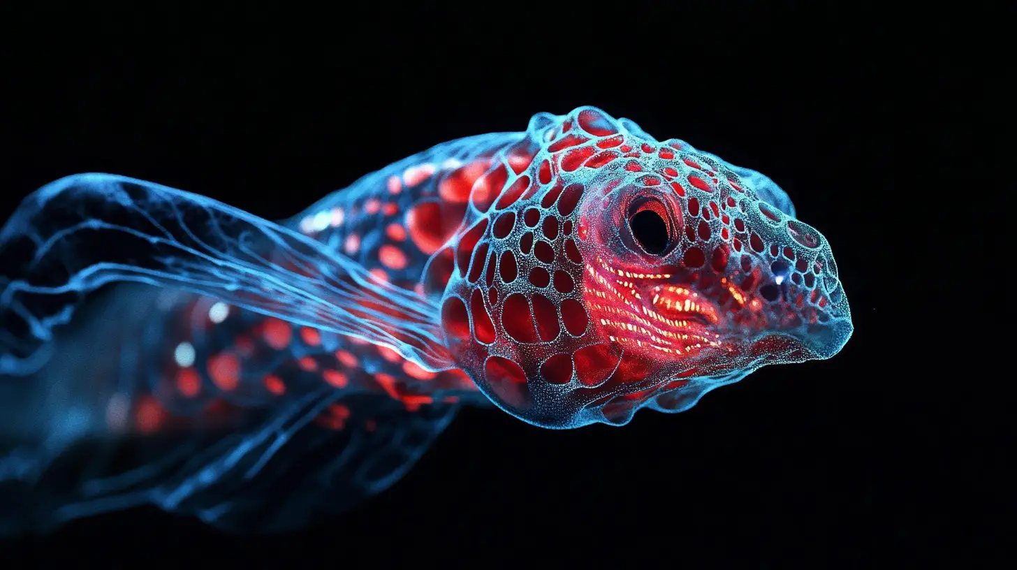 Glowing tattooed creature emerging from a near black void