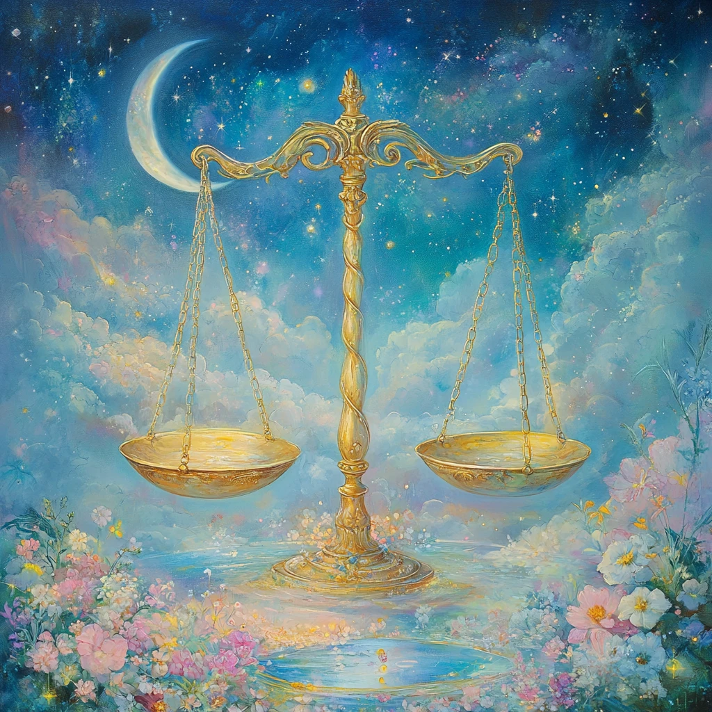 Golden libra scales in a dreamy cosmic night sky