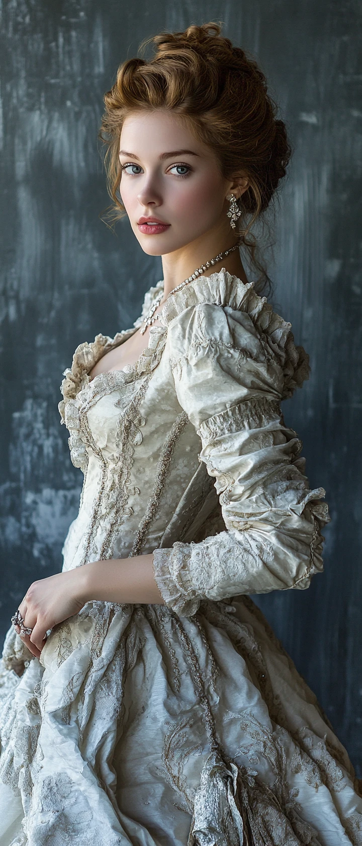 Joyful fashion woman in 17th century inspired baroque gown
