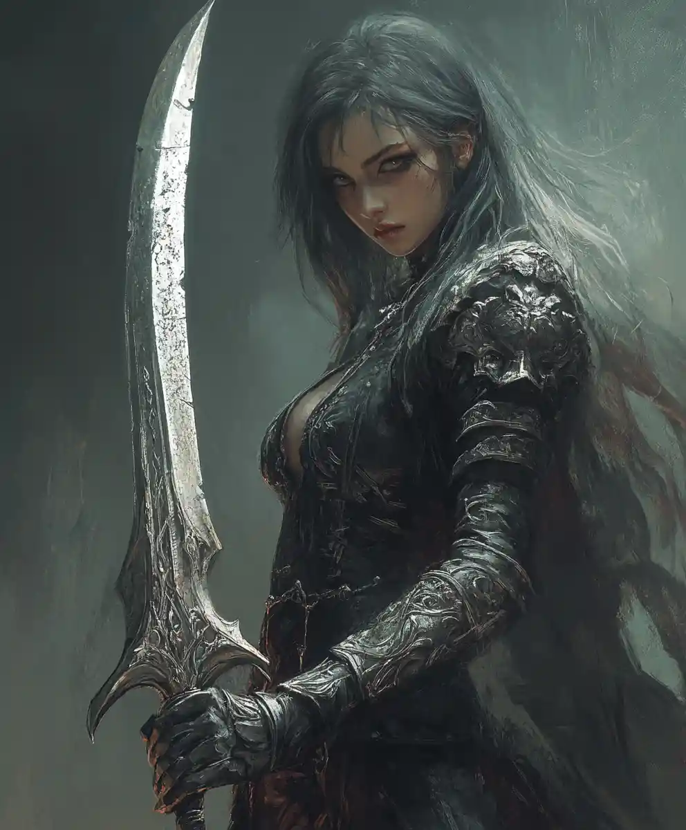 Gothic sword maiden wielding a massive fantasy scimitar
