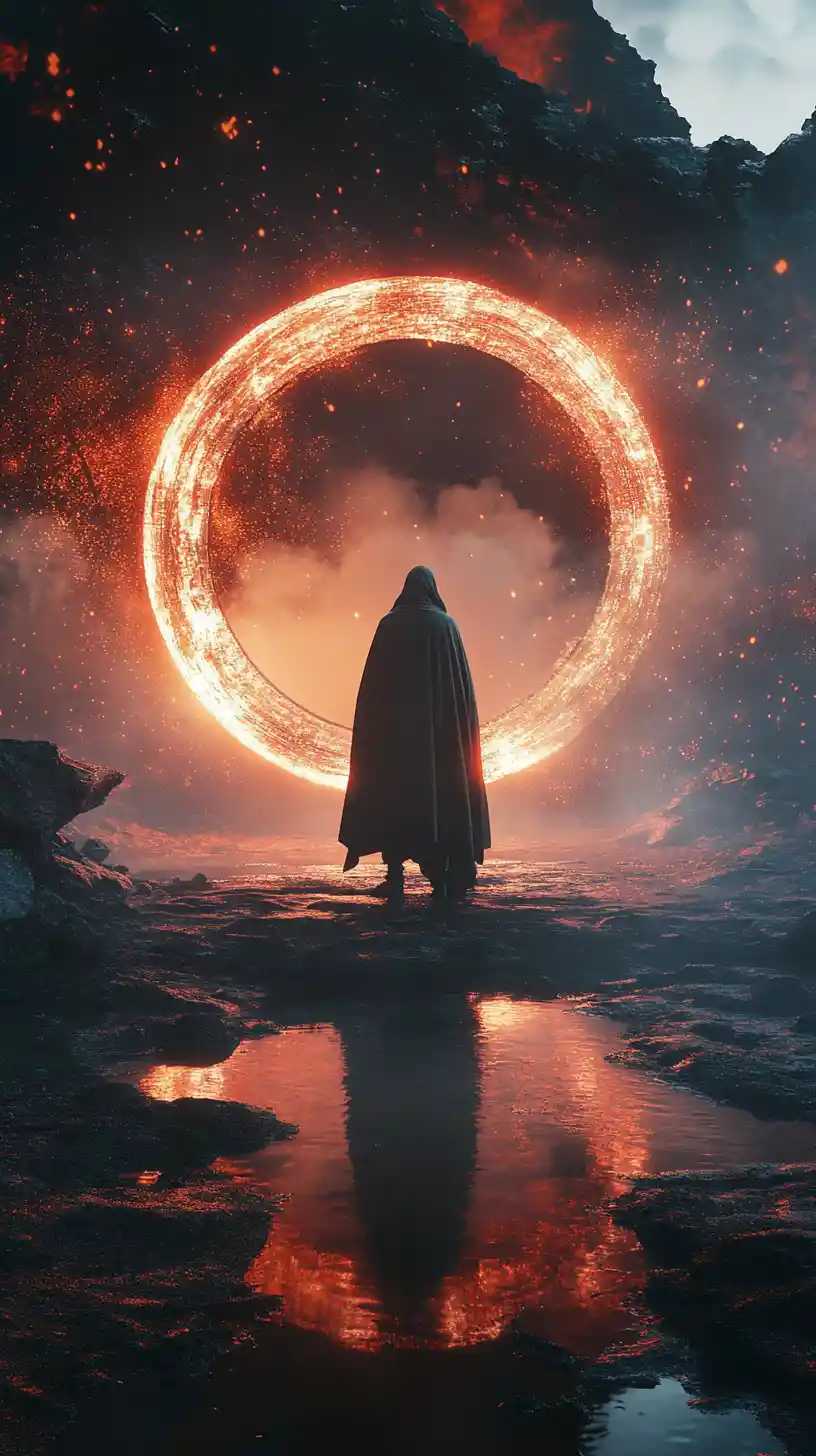 Cloaked figure at a glowing fractured clockwork threshold