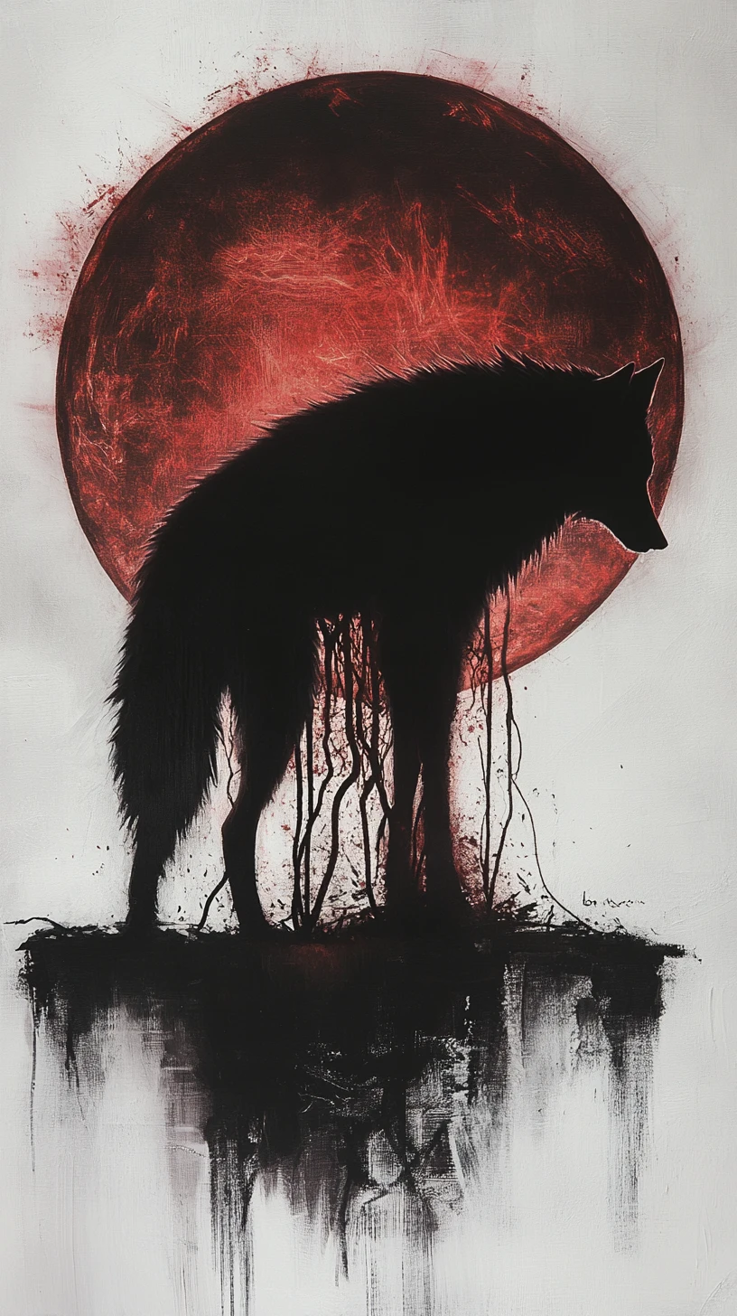 Wolf silhouette against a massive eclipse in darkness