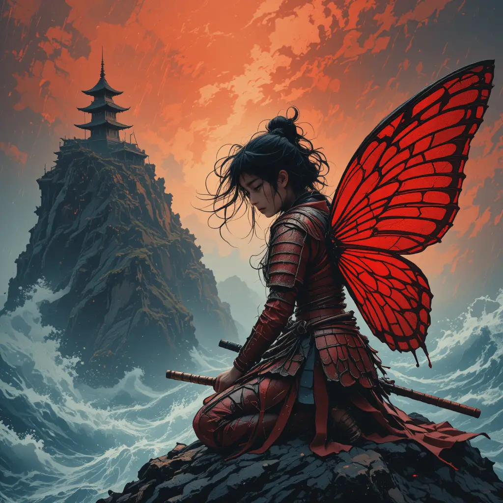 Kneeling samurai woman with red wings above stormy sea