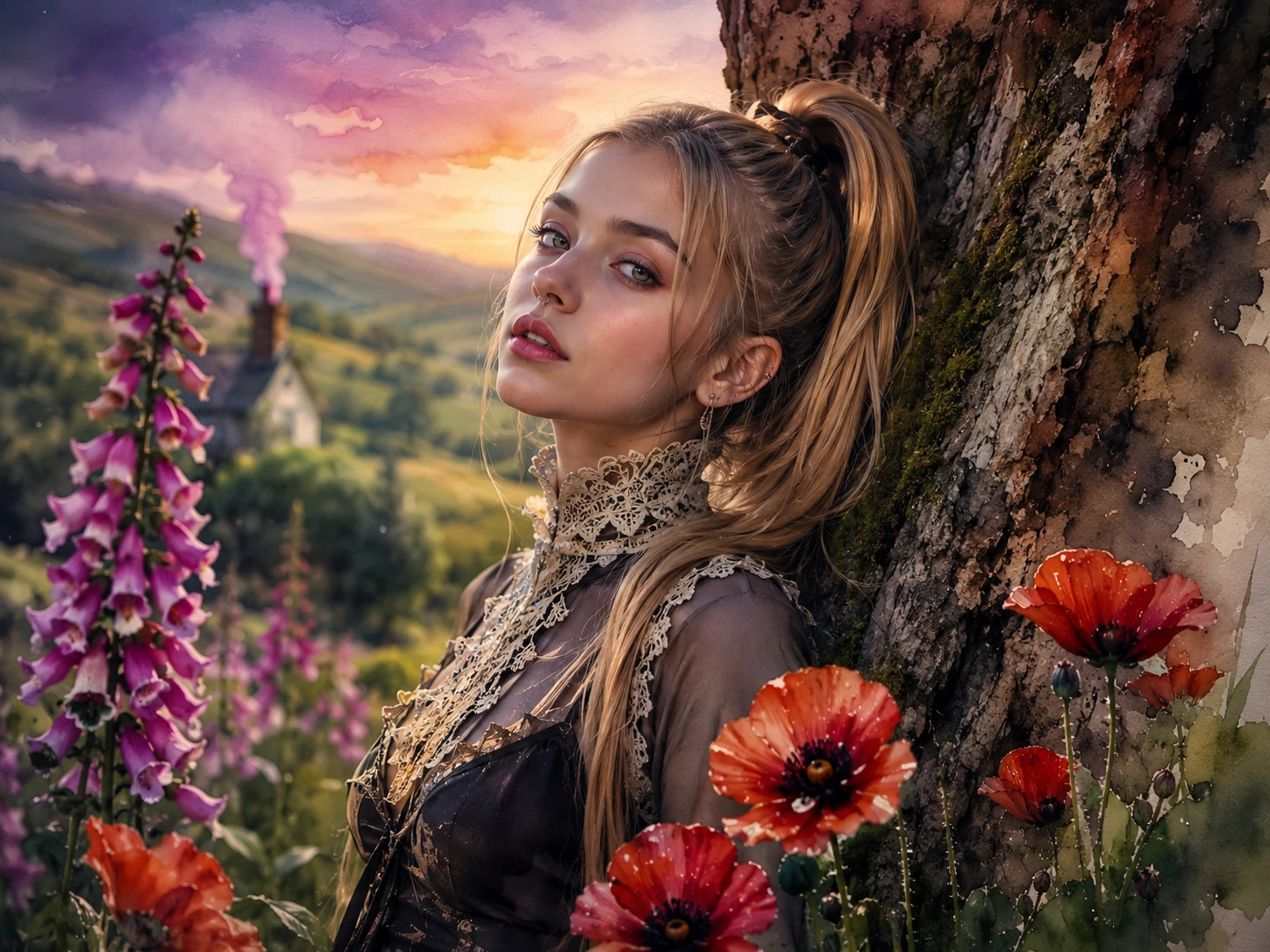 Emo girl by an ancient oak in dreamy twilight fields