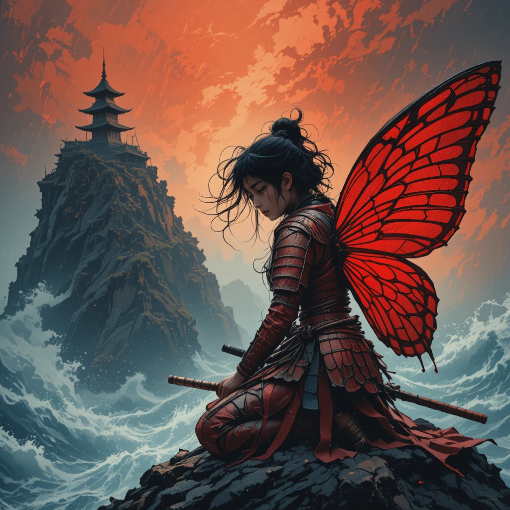 Kneeling samurai woman with red wings above stormy sea