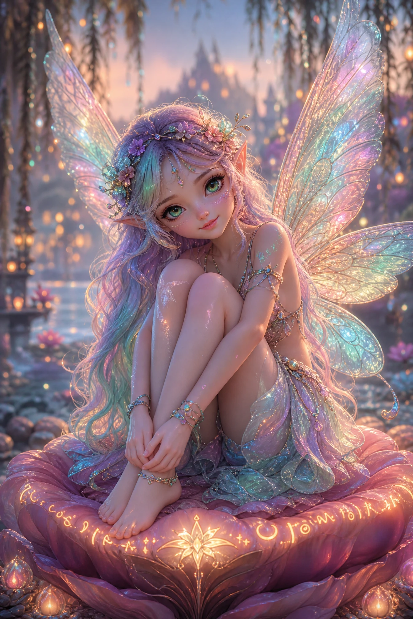 Delicate fairy girl resting on a glowing petal pedestal