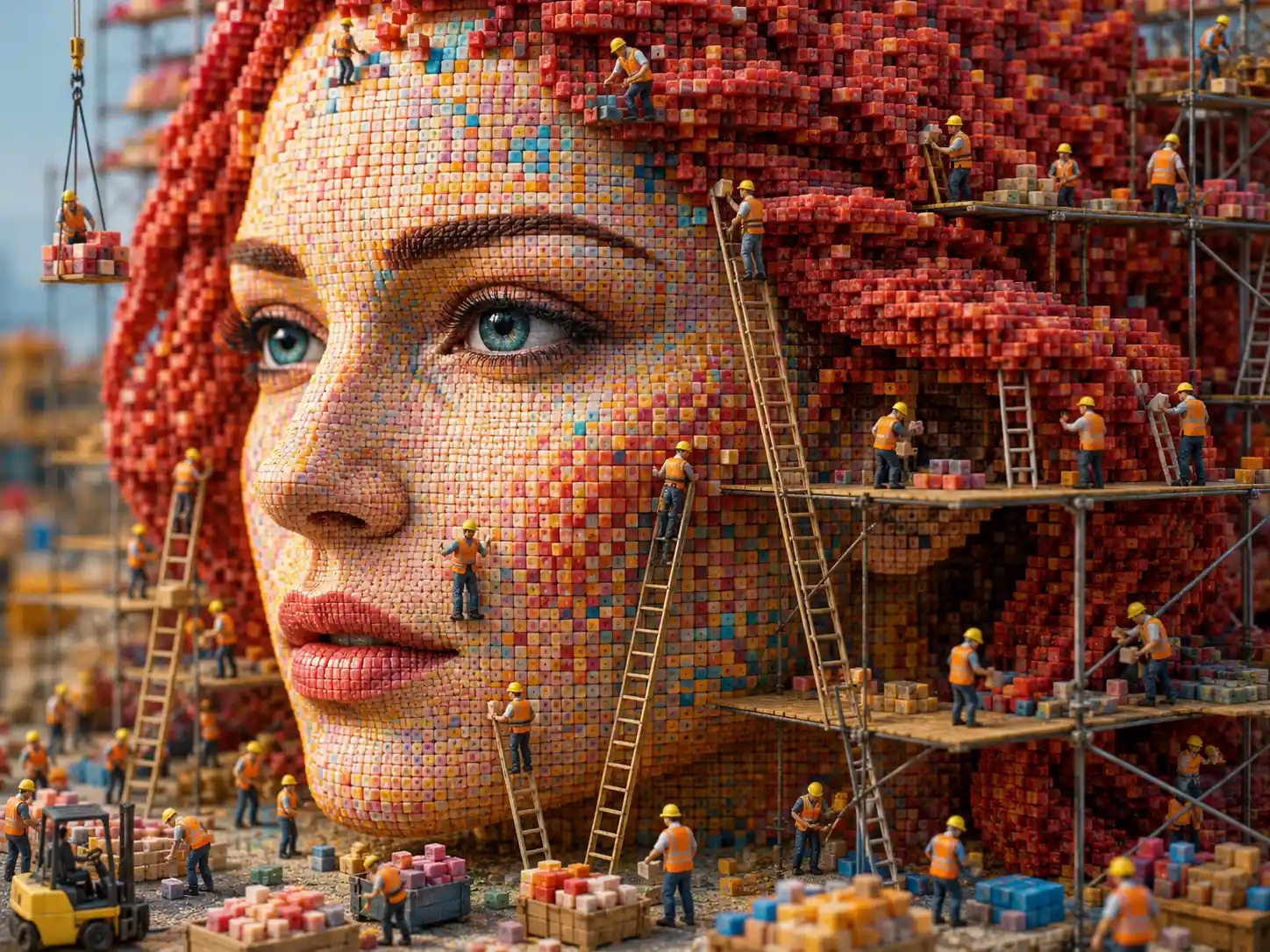 Woman portrait built from colorful cubes and tiny workers