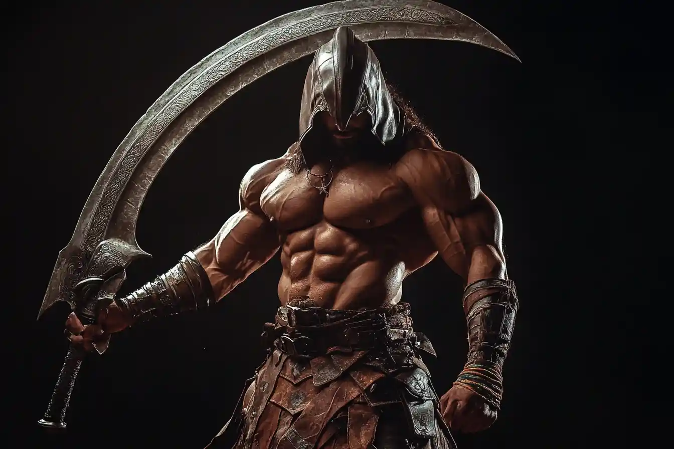 Muscular fantasy warrior with scimitar on a chaotic battlefield