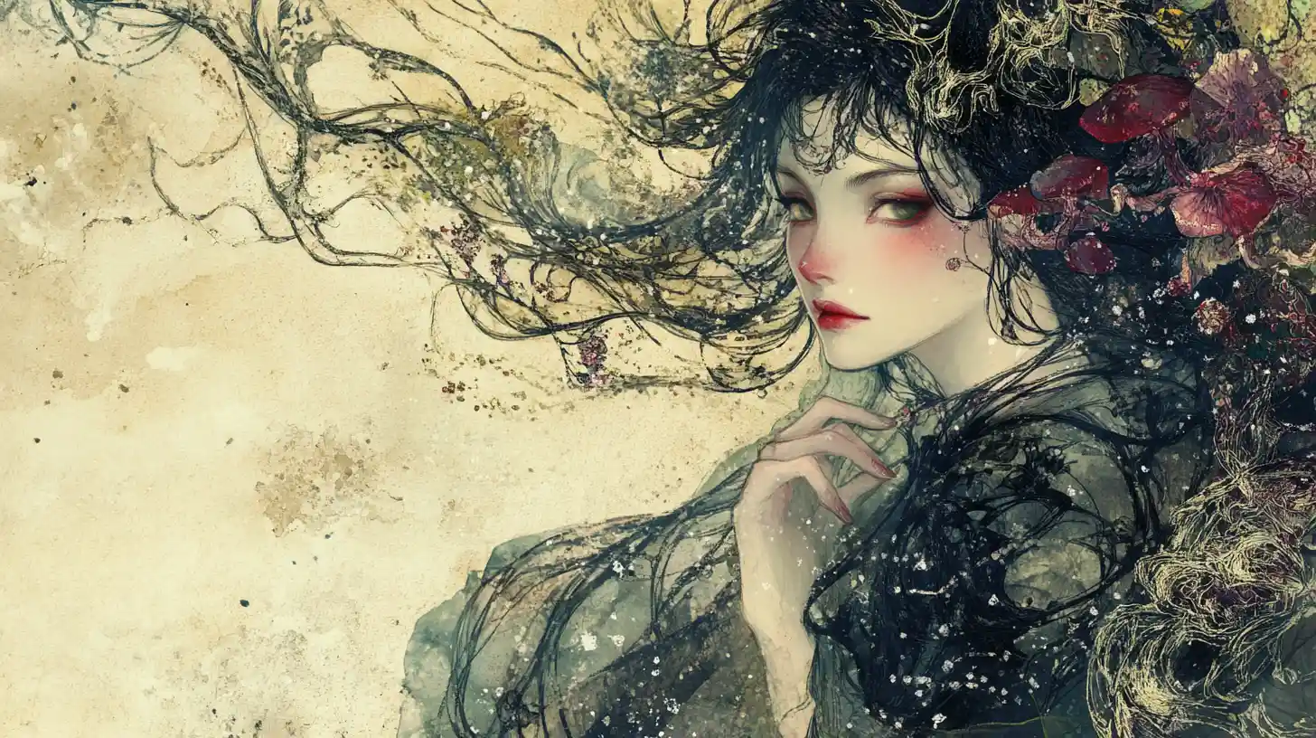 Surreal maiden holding glowing fungi branch in flowing gown
