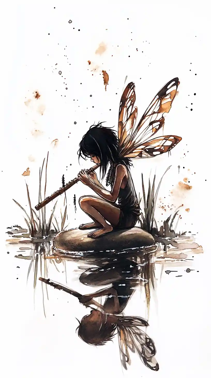 Watercolor fairy playing a flute on a wet stone