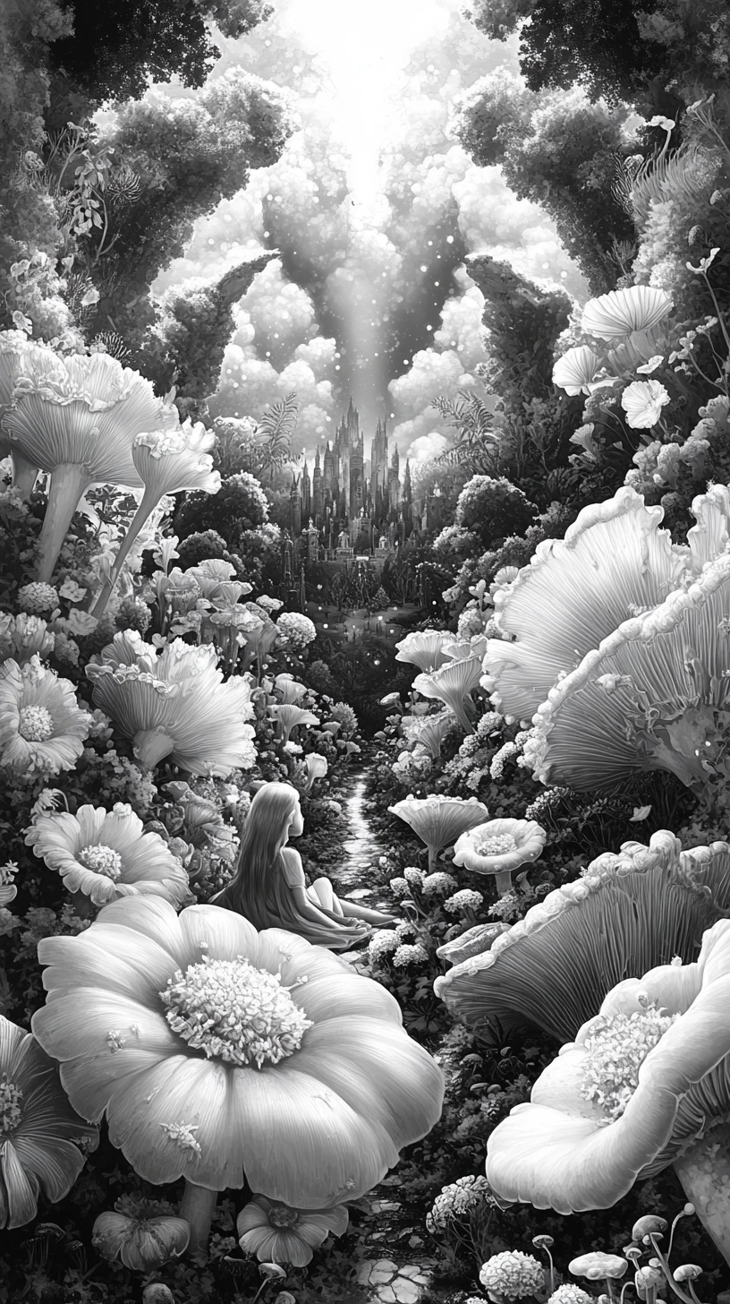 Girl Resting With Creature In Symmetrical Fantasy Meadow