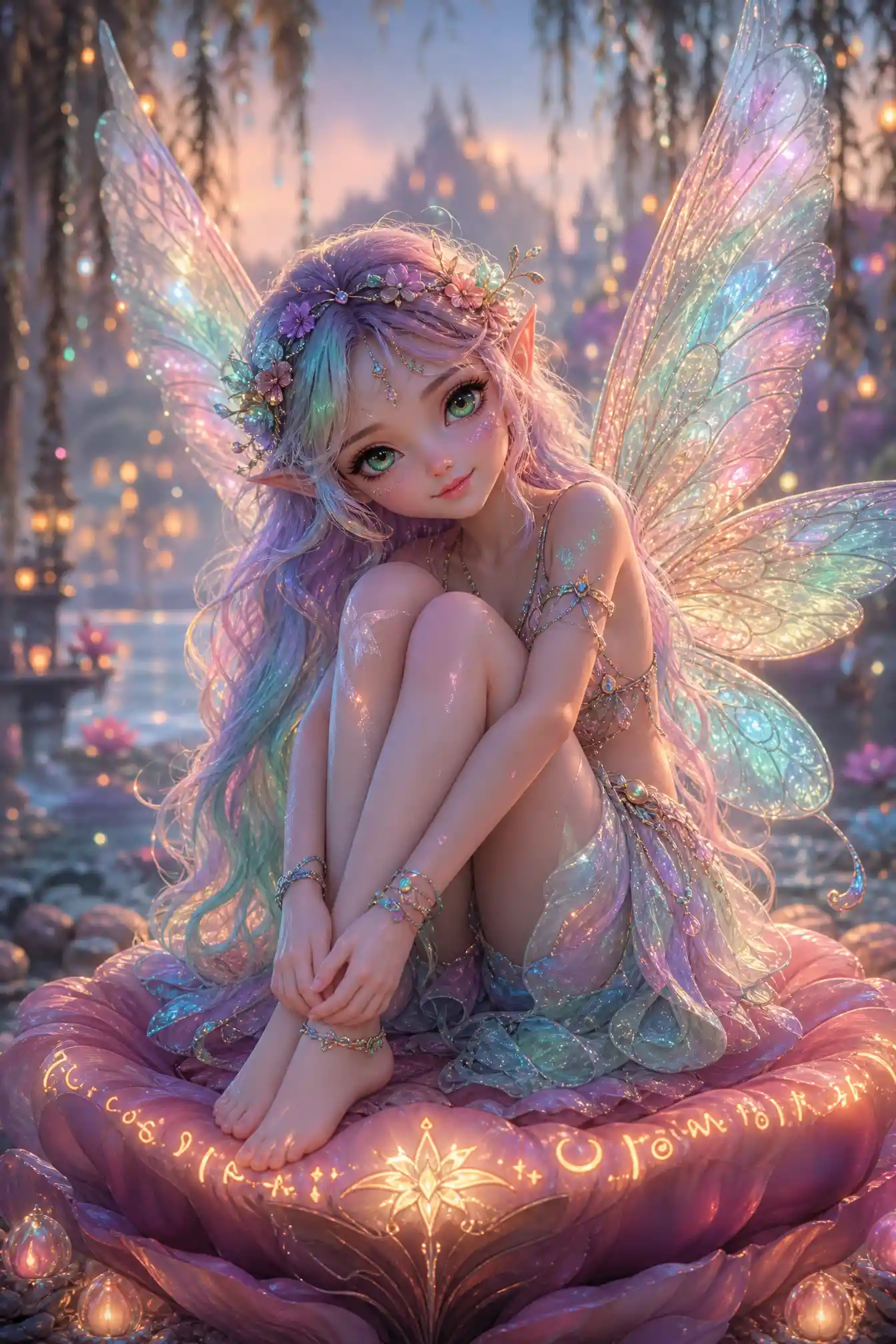 Delicate fairy girl resting on a glowing petal pedestal