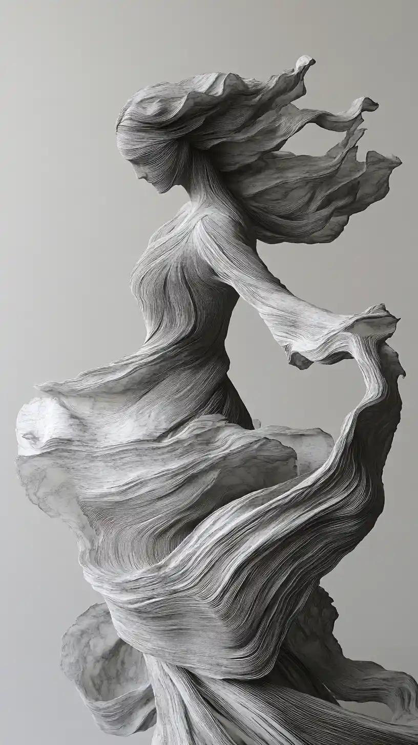 Abstract grayscale form unraveling into flowing elongated shapes
