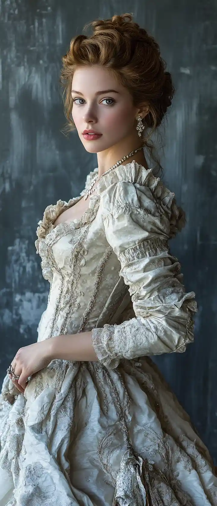 Joyful fashion woman in 17th century inspired baroque gown