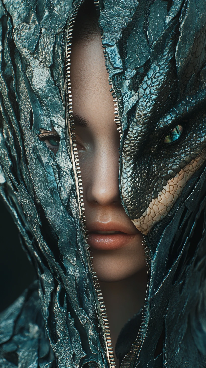 Retrato de moda surreal de una mujer que se abre con un cierre hacia la naturaleza
